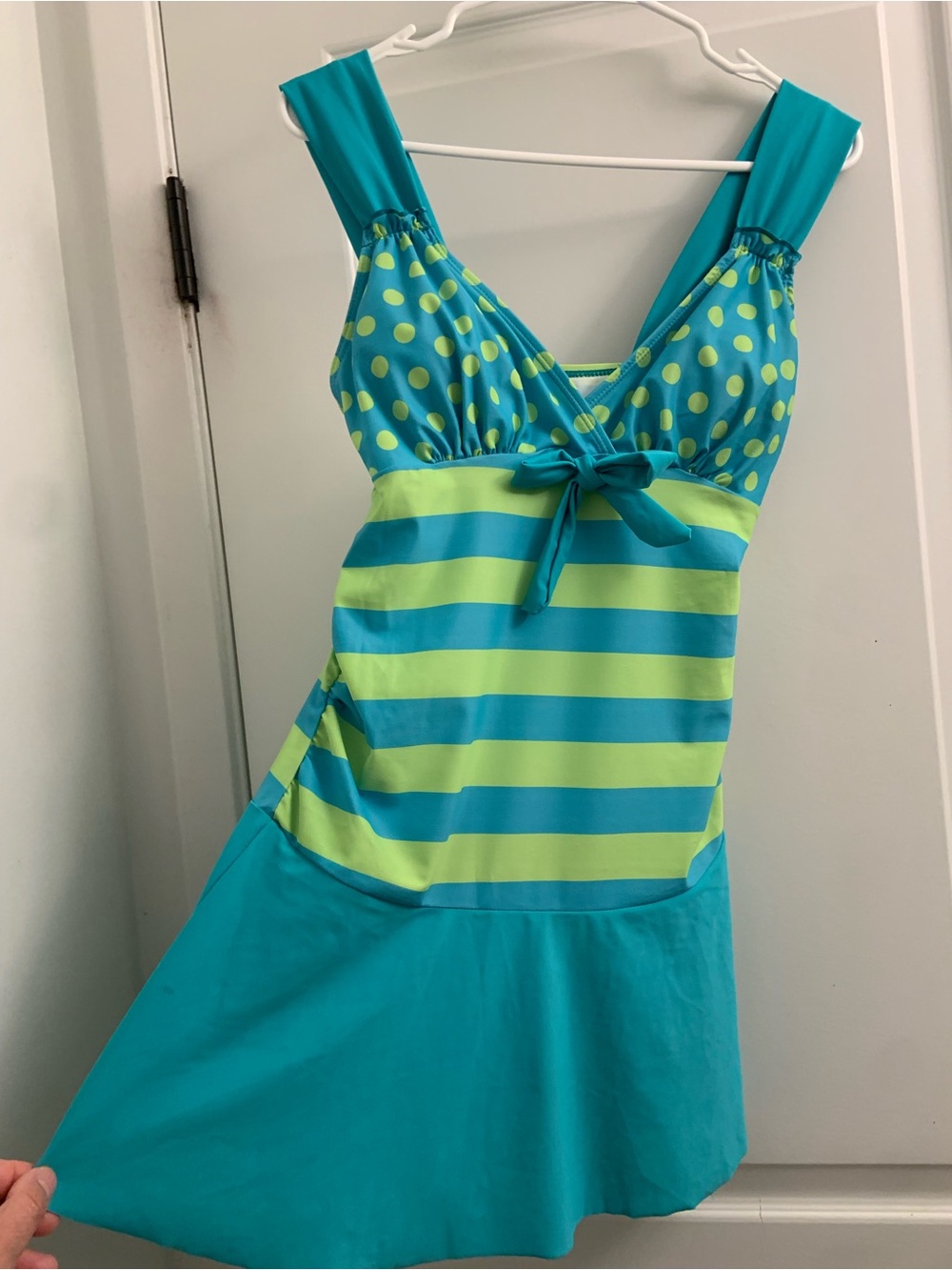 Source Unknown Teal and Lime Green Polka Dot & Stripe Swim Dress with Bow